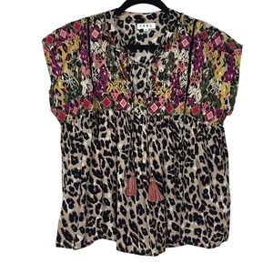 THML Women's Leopard Print Embroidered Tassel‎ Top Size Medium